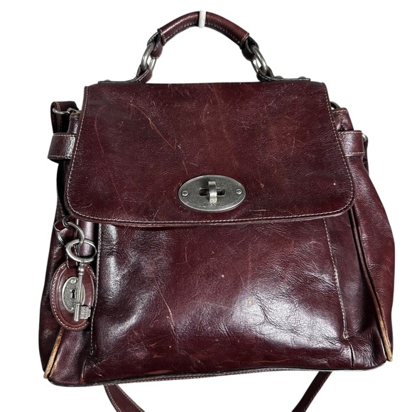 Fossil Handbags - Fossil Leather Shoulder Bag Burgundy Turn Lock Key Charm Librarian core Vintage‎